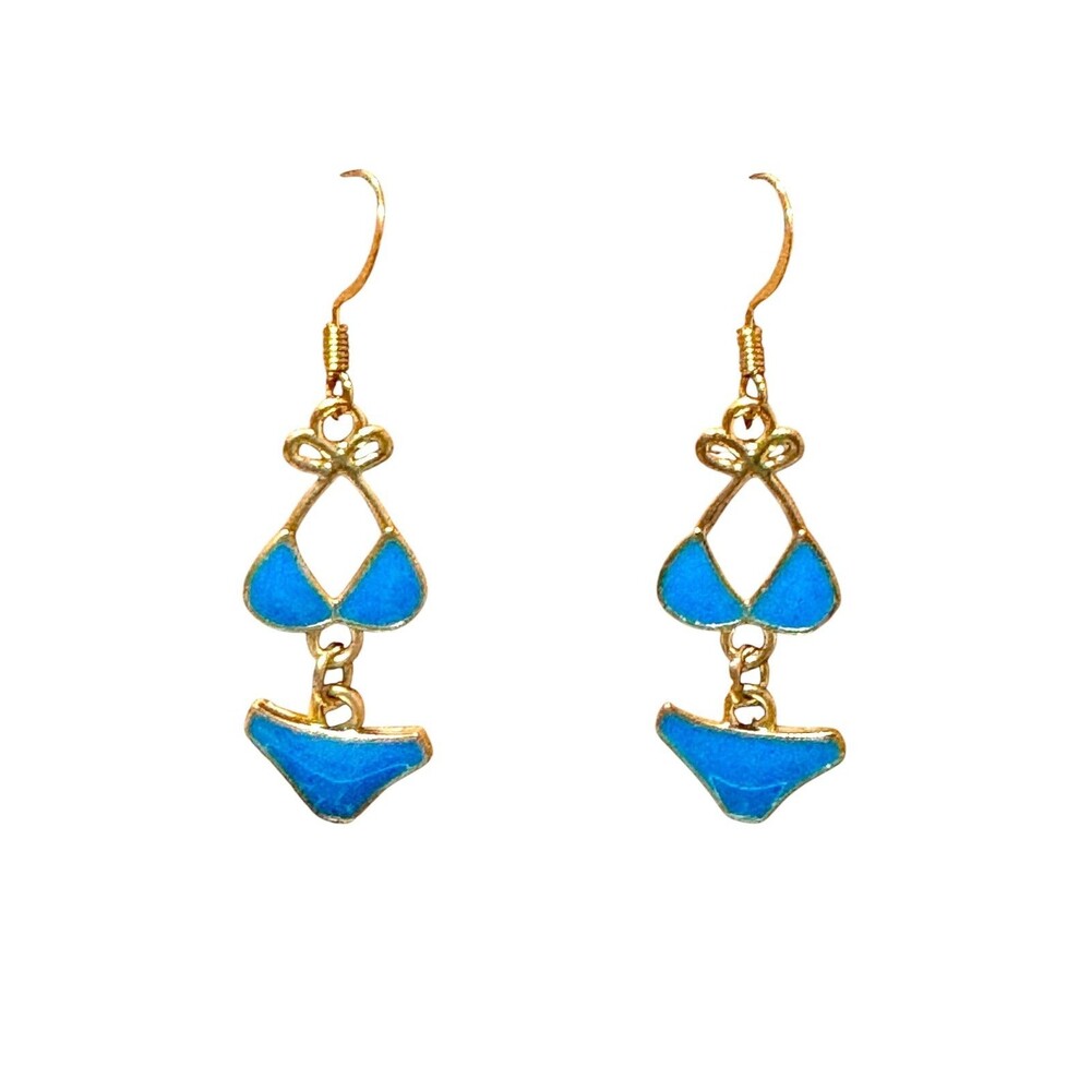 Enamel Blue Swimsuit Bikini Charm on 10kt Gold Earrings #2162